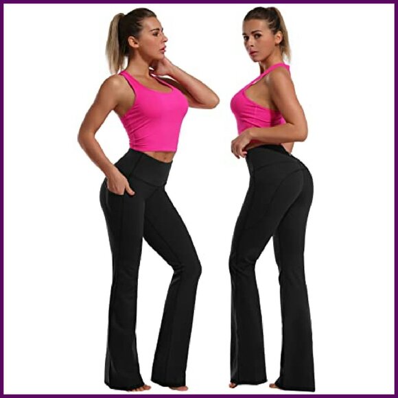 High Waist Bootcut Yoga Pants Tummy Control Flared Pockets Workout - Picture 3 of 8